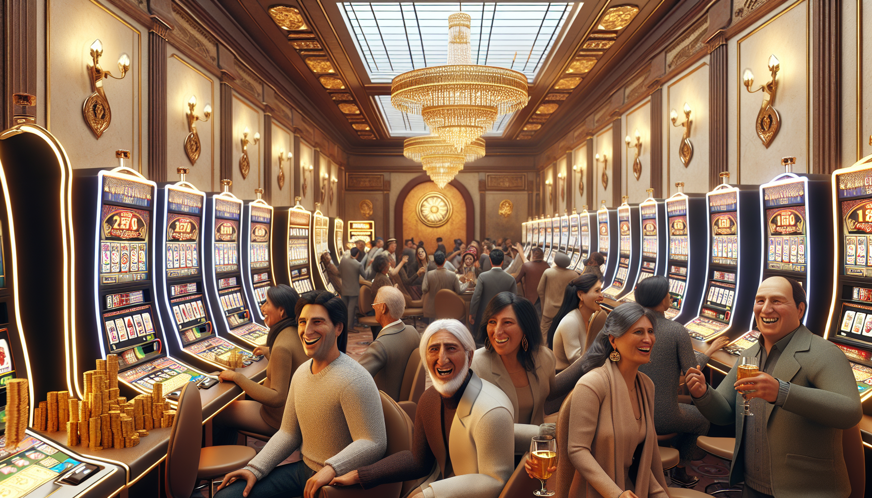 Interior moderno de un local Doradobet en Tacna, jugadores disfrutan tragamonedas